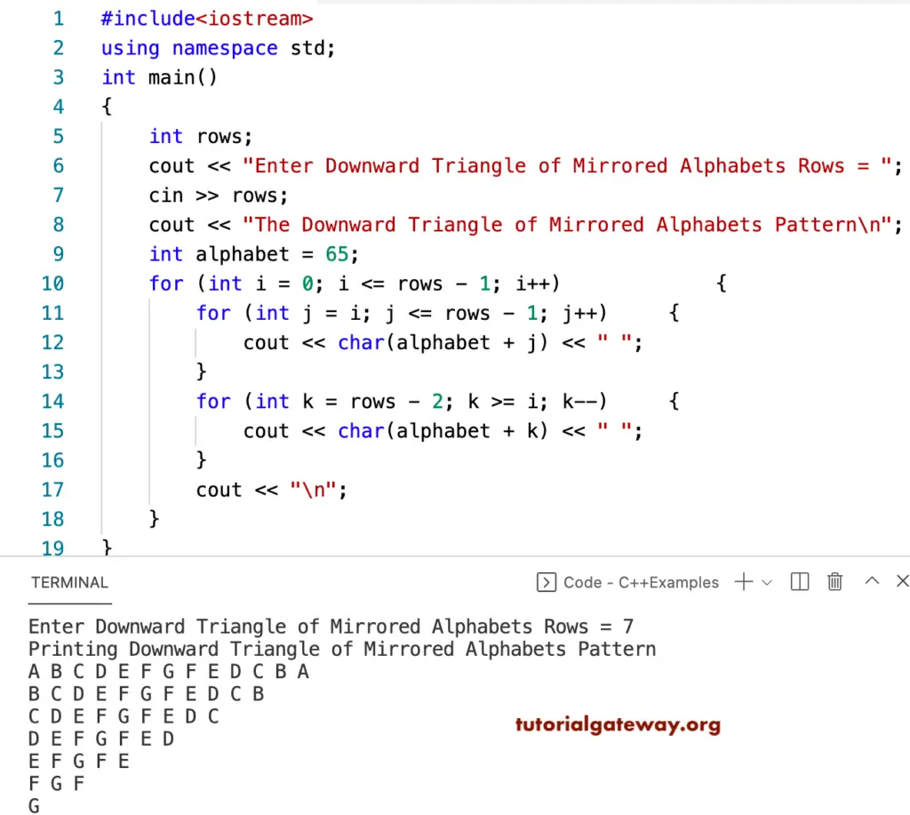 C++ Program to Print Downward Triangle Mirrored Alphabets Pattern