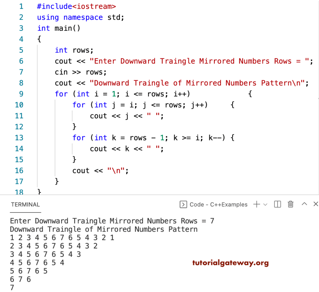 C++ Program to Print Downward Triangle Mirrored Numbers Pattern