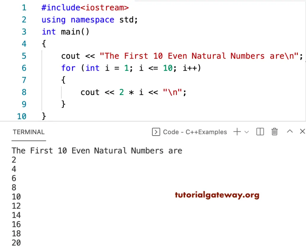 C++ Program to Print First 10 Even Natural Numbers