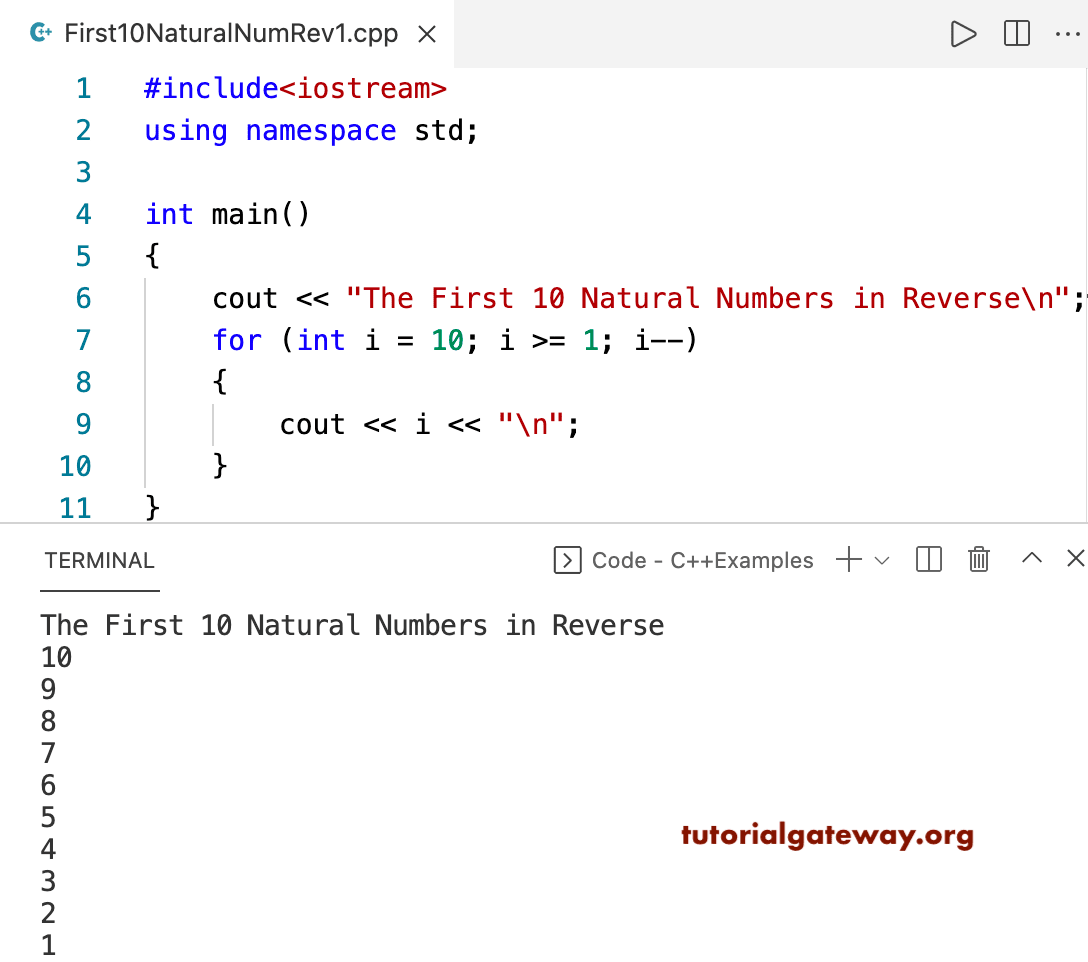 C++ Program to Print First 10 Natural Numbers in Reverse