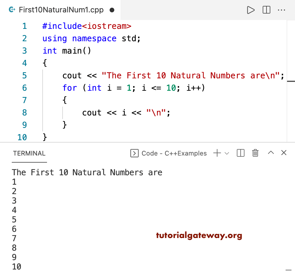 C++ Program to Print First 10 Natural Numbers