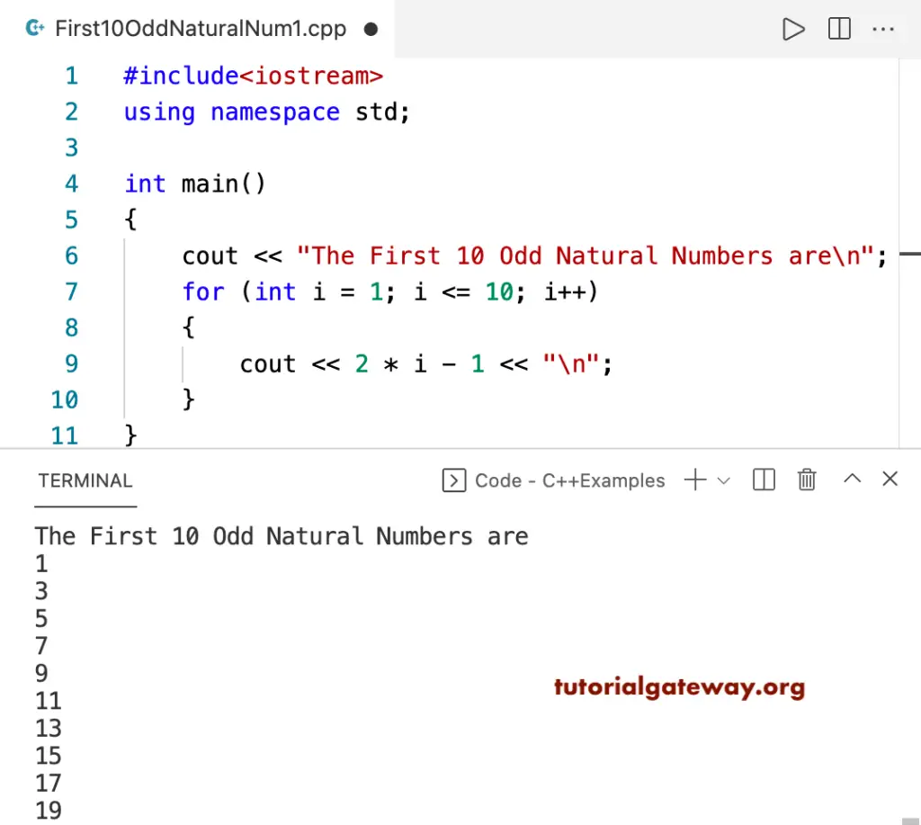 C++ Program to Print First 10 Odd Natural Numbers