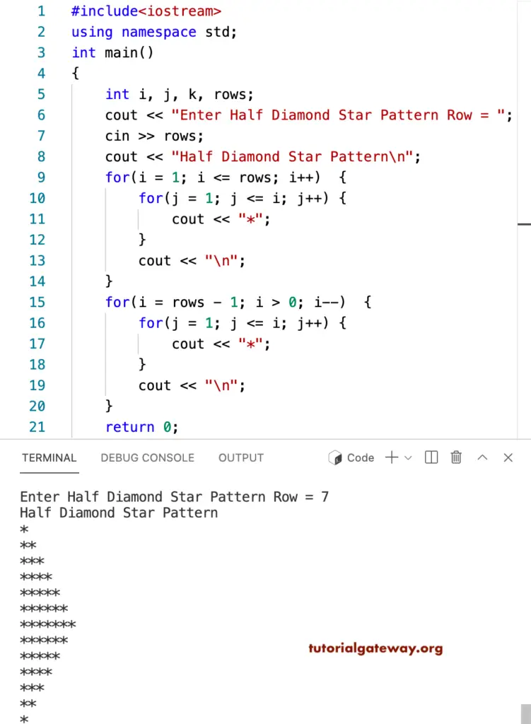C++ Program to Print Half Diamond Star Pattern