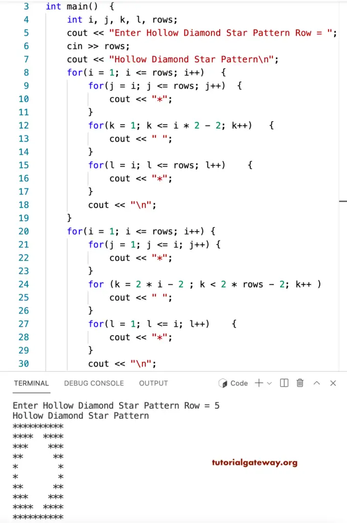 C++ Program to Print Hollow Diamond inside a Square Star Pattern