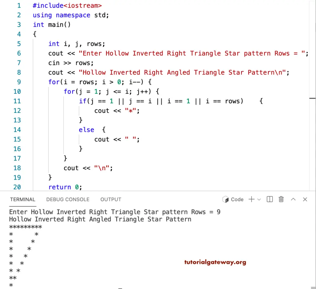 C++ Program to Print Hollow Inverted Right Triangle Star Pattern