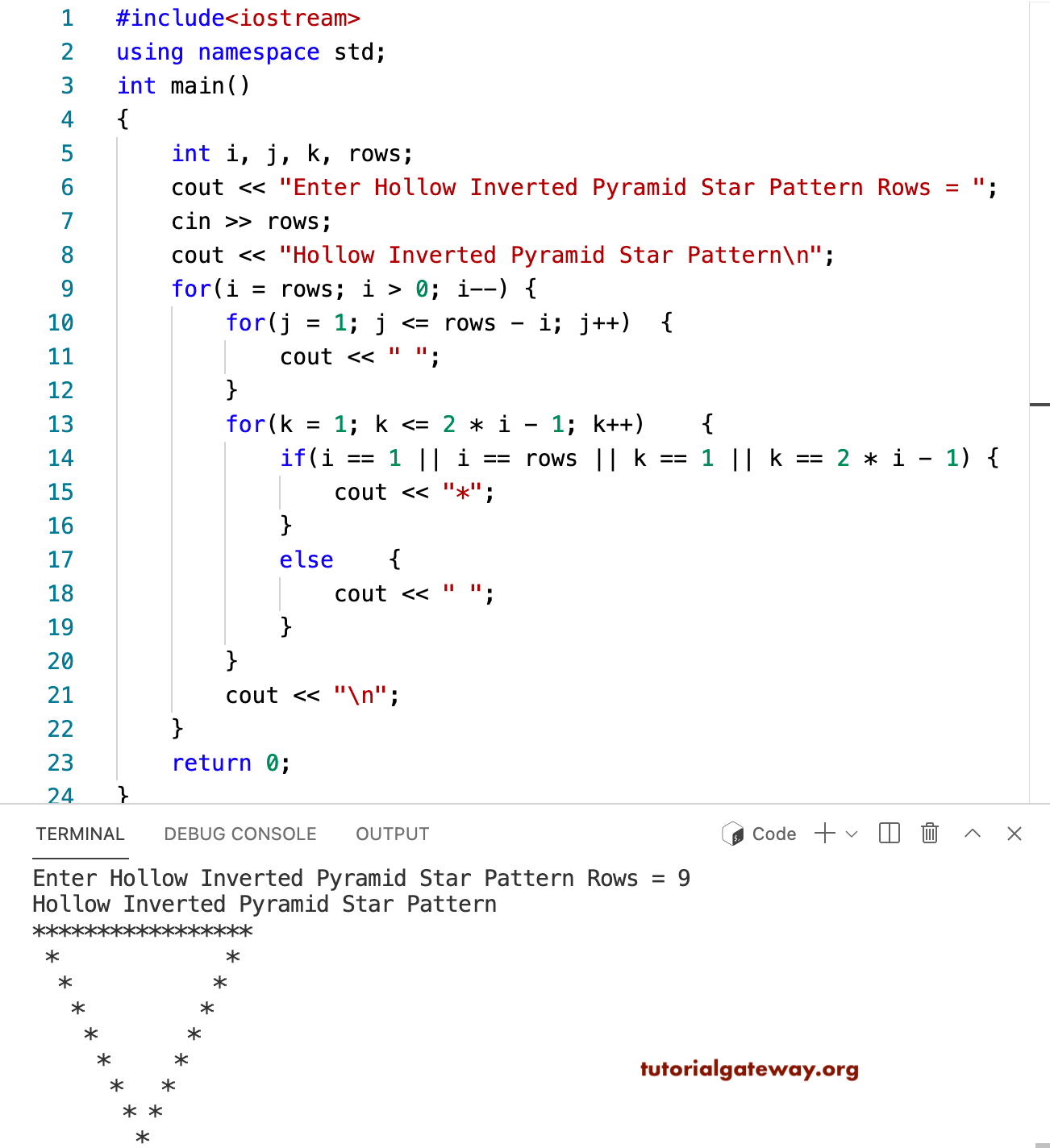 C++ Program to Print Hollow Inverted Star Pyramid Pattern
