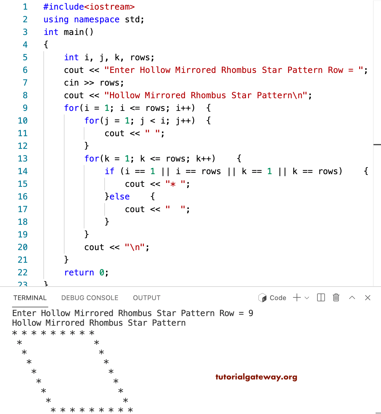 C++ Program to Print Hollow Mirrored Rhombus Star Pattern