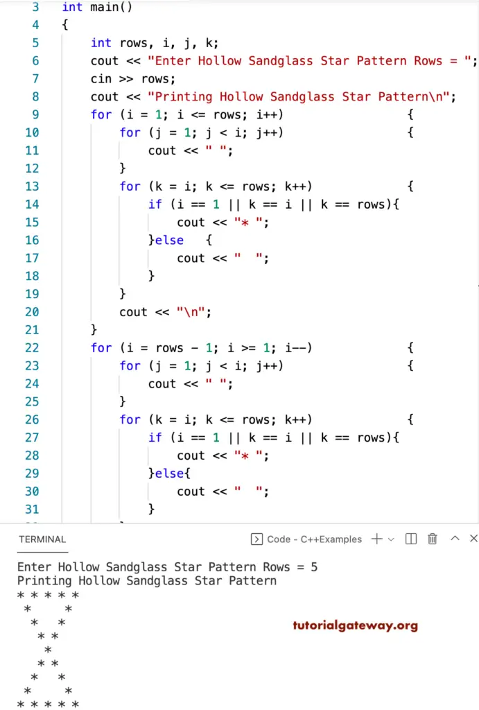 C++ Program to Print Hollow Sandglass Star Pattern