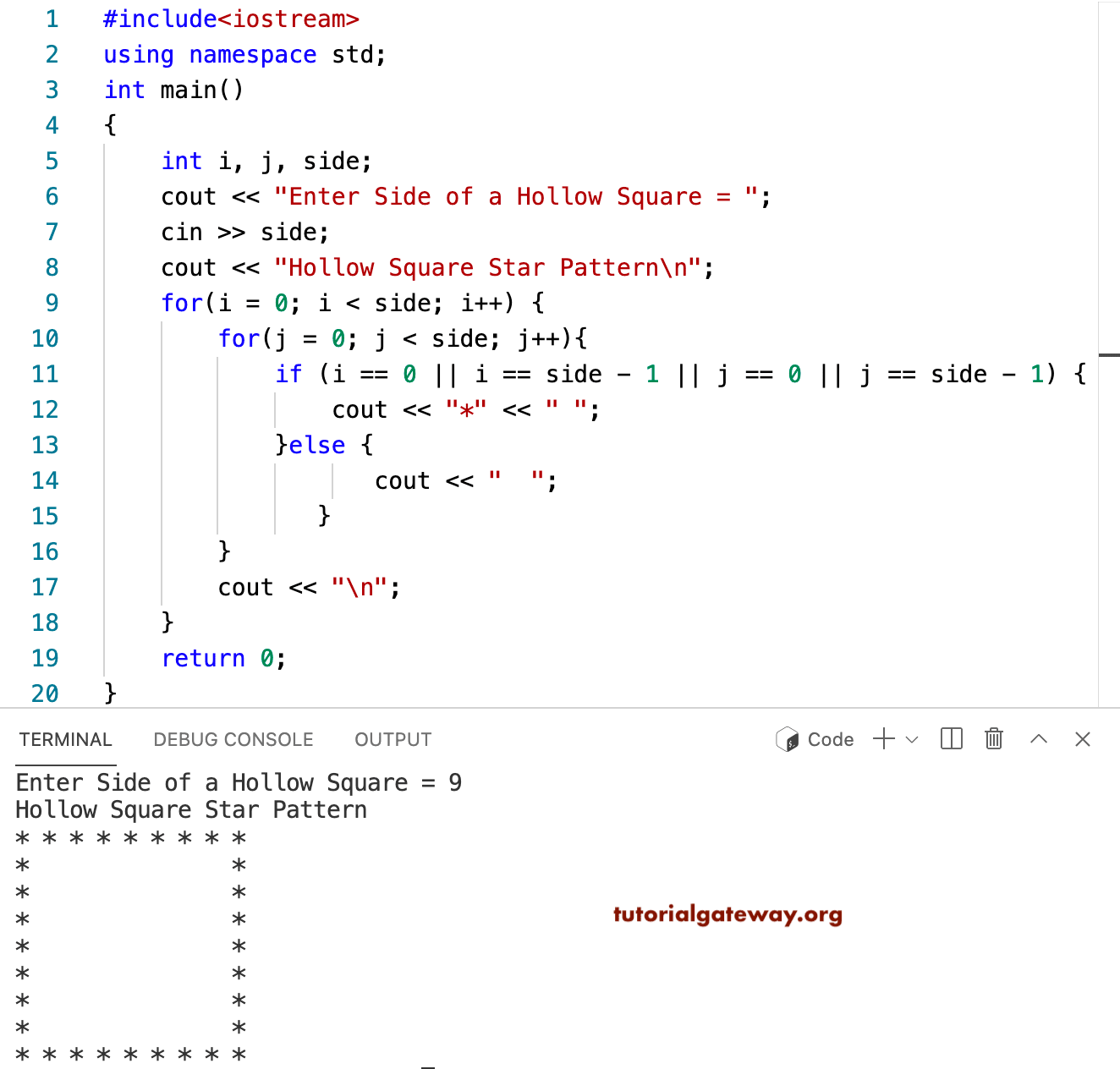 C++ Program to Print Hollow Square Star Pattern