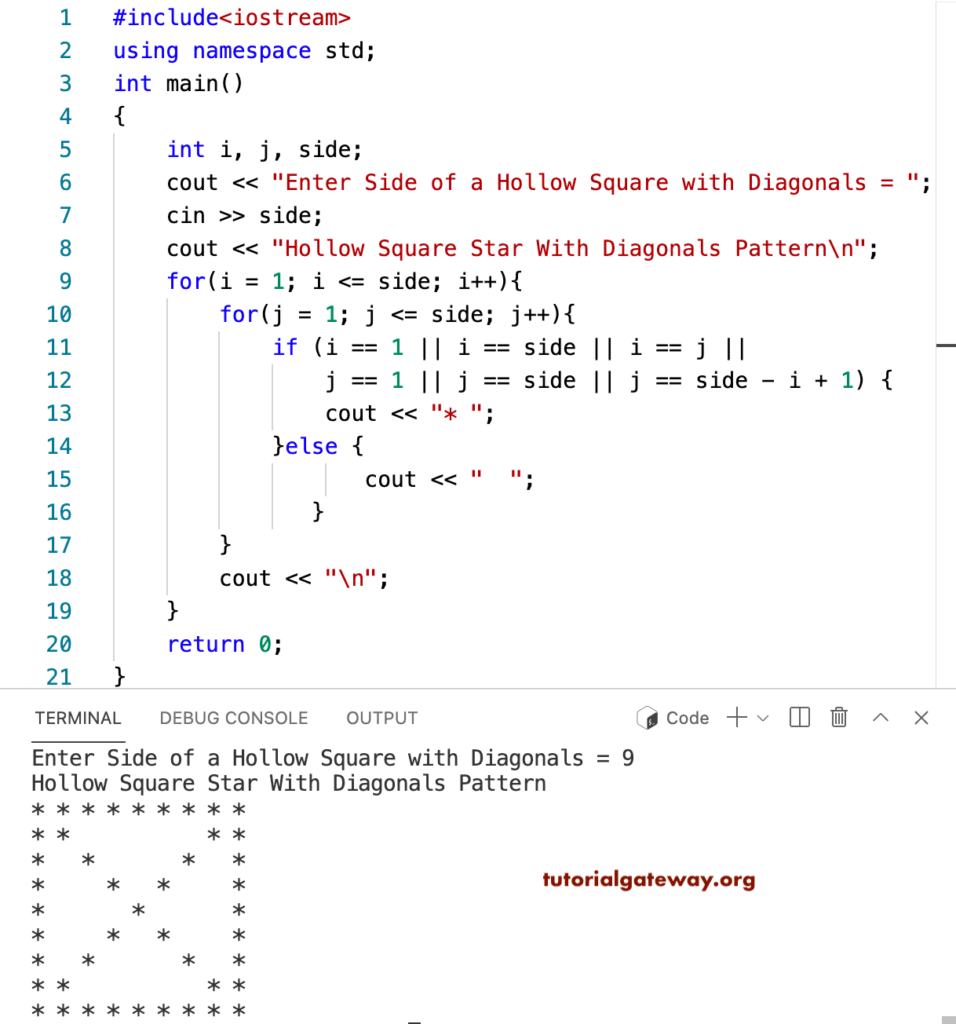 C++ Program to Print Hollow Square with Diagonals Star Pattern