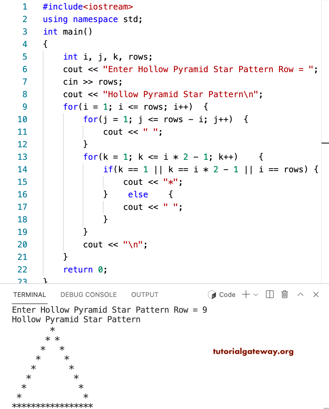 C++ Program to Print Hollow Star Pyramid Pattern