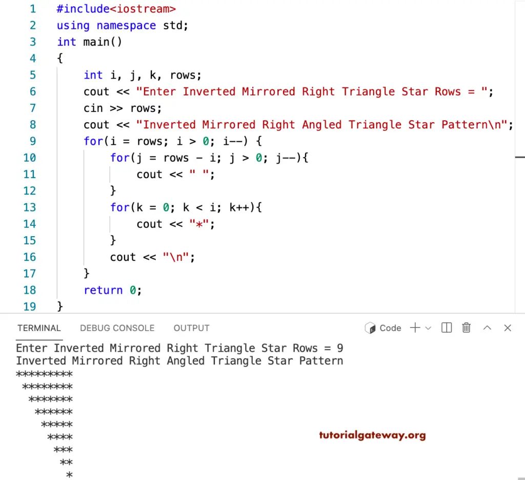 CPP Program to Print Inverted Mirrored Right Triangle Star Pattern