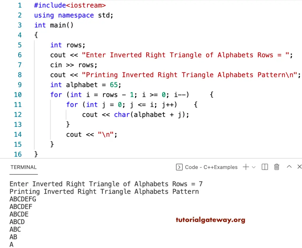 C++ Program to Print Inverted Right Triangle Alphabets Pattern