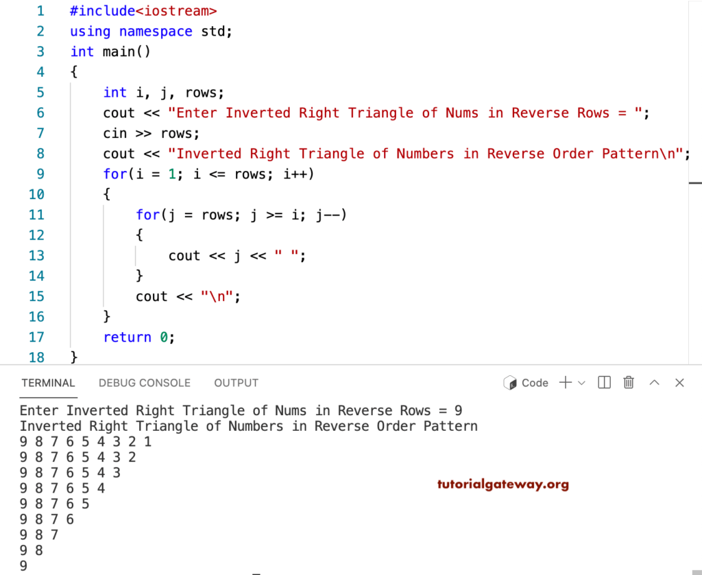 C++ Program to Print Inverted Right Triangle Numbers in Reverse