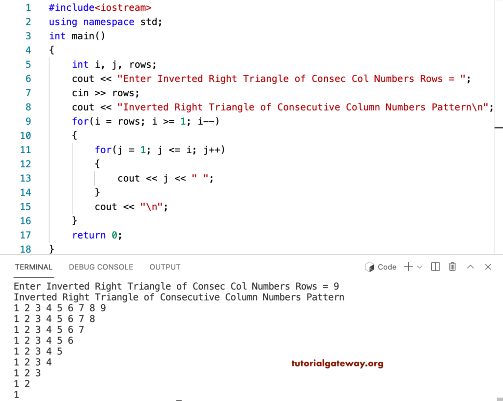 C++ Program to Print Inverted Right Triangle of Consecutive Column Numbers