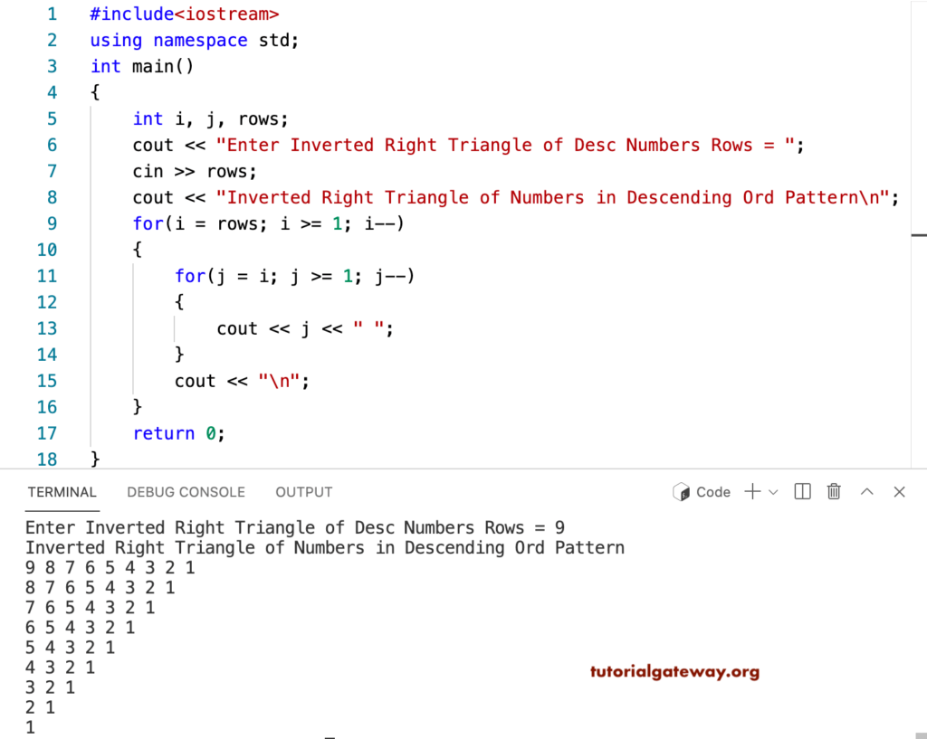C++ Program to Print Inverted Right Triangle of Descending Order Numbers