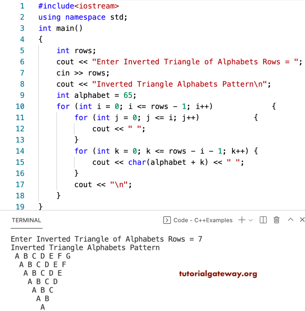 C++ Program to Print Inverted Triangle Alphabets Pattern
