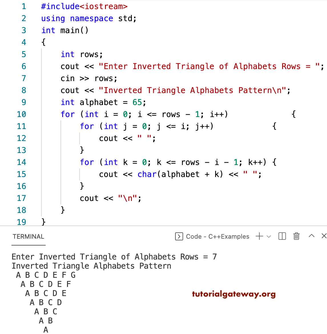 C++ Program to Print Inverted Triangle Alphabets Pattern