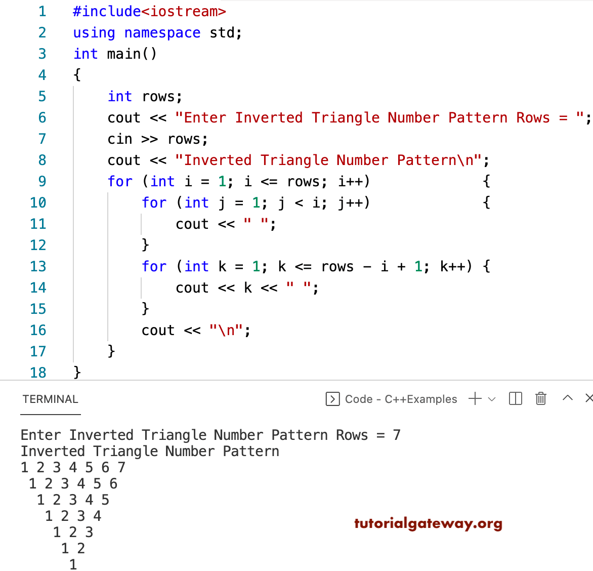 C++ Program to Print Inverted Triangle Numbers Pattern