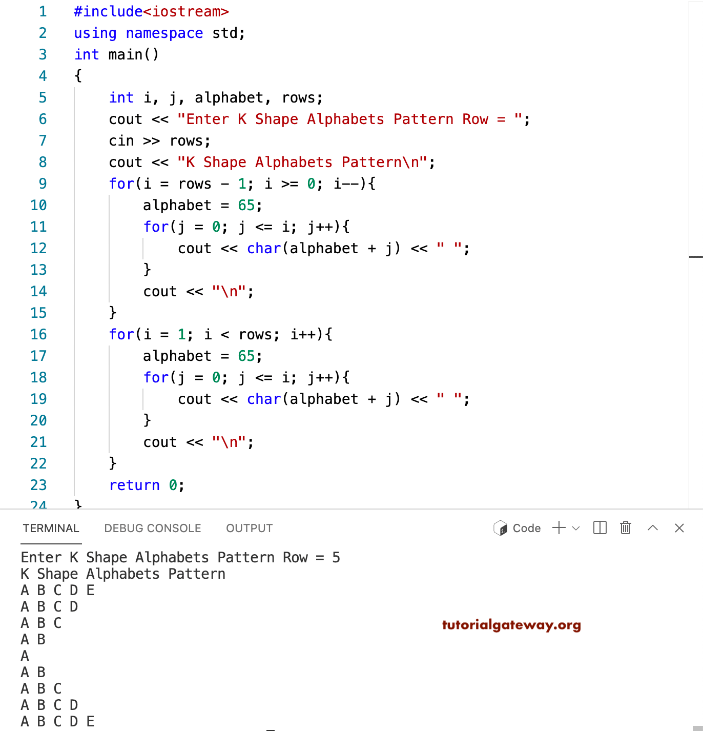 C++ Program to Print K Shape Alphabets Pattern