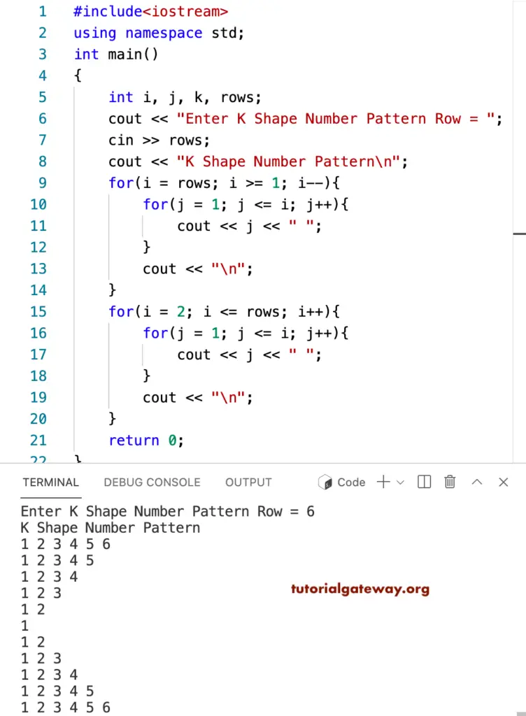 C++ Program to Print K Shape Number Pattern