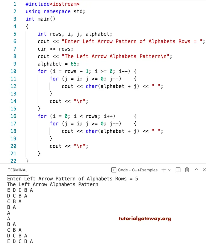 C++ Program to Print Left Arrow Alphabets Pattern
