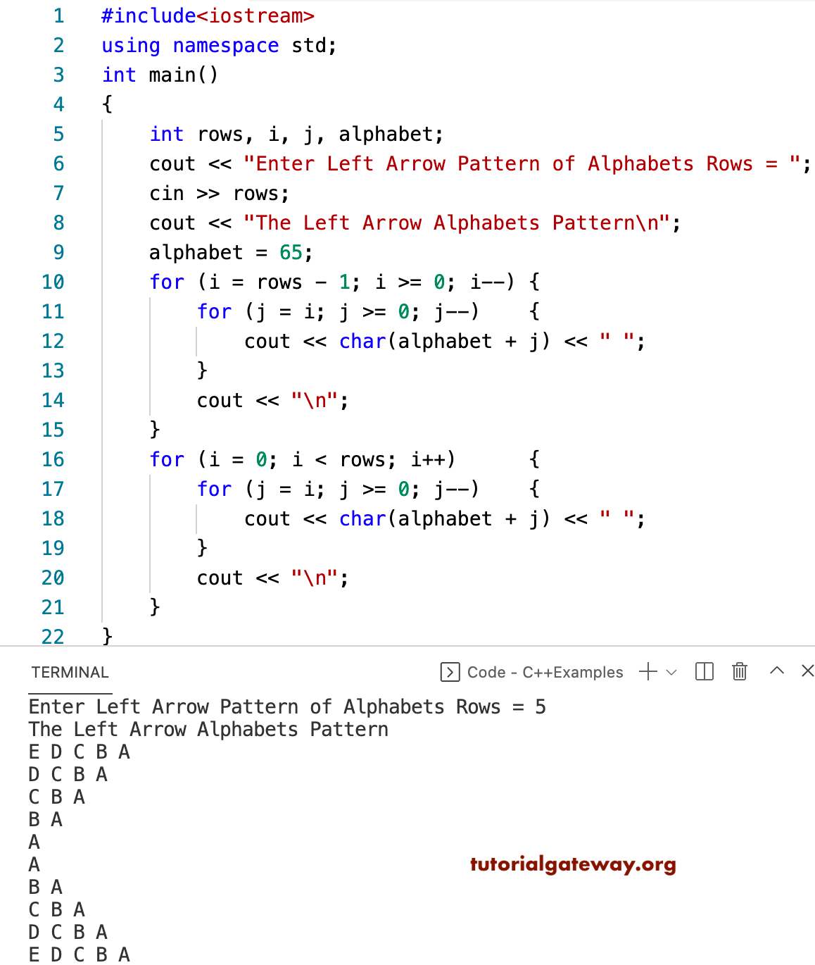 C++ Program to Print Left Arrow Alphabets Pattern