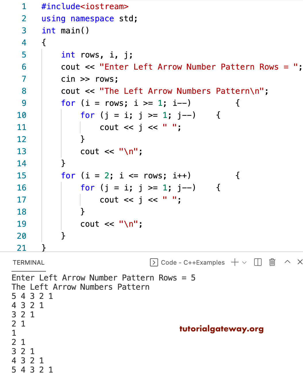 C++ Program to Print Left Arrow Numbers Pattern