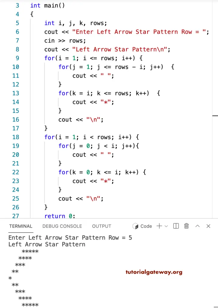 C++ Program to Print Left Arrow Star Pattern