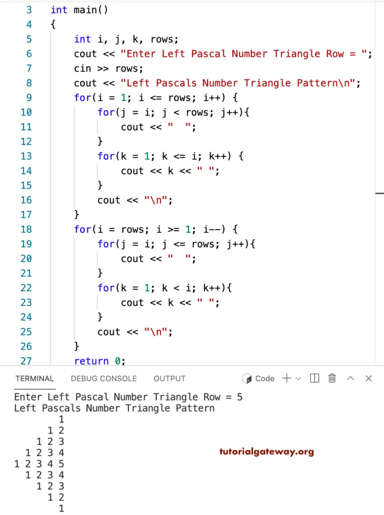 C++ Program to Print Left Pascals Number Triangle