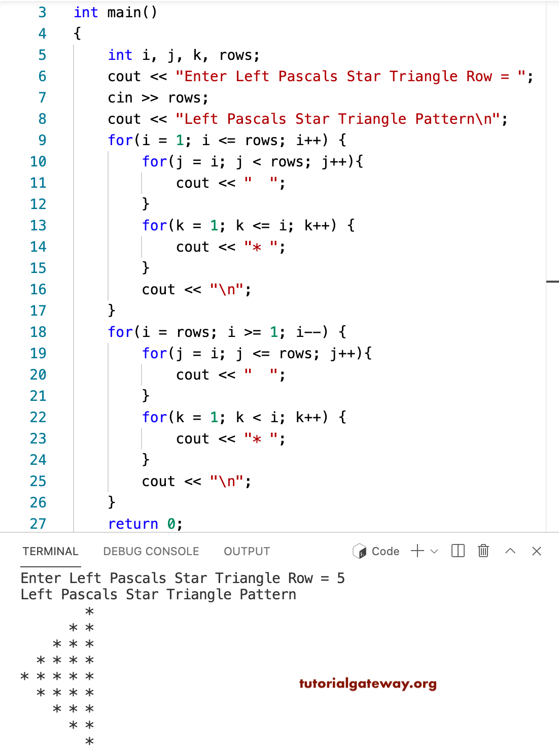 C++ Program to Print Left Pascals Star Triangle