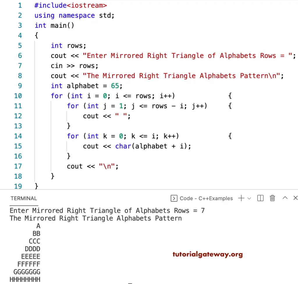 C++ Program to Print Mirrored Right Triangle Alphabets Pattern