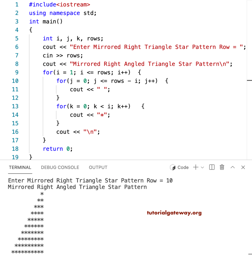 C++ Program to Print Mirrored Right Triangle Star Pattern