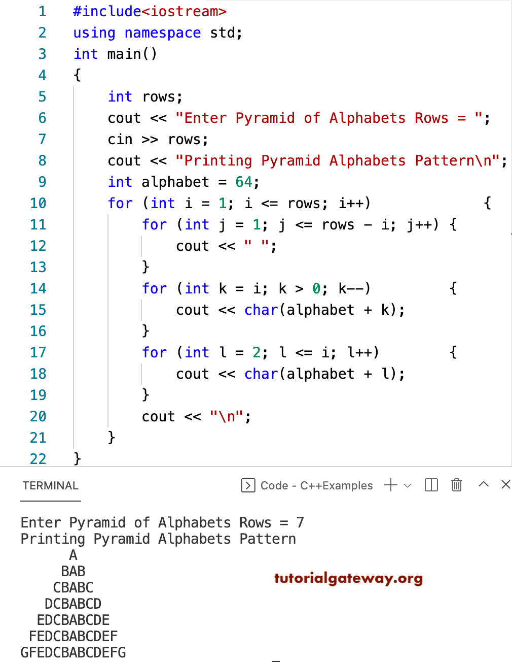 C++ Program to Print Pyramid Alphabets Pattern