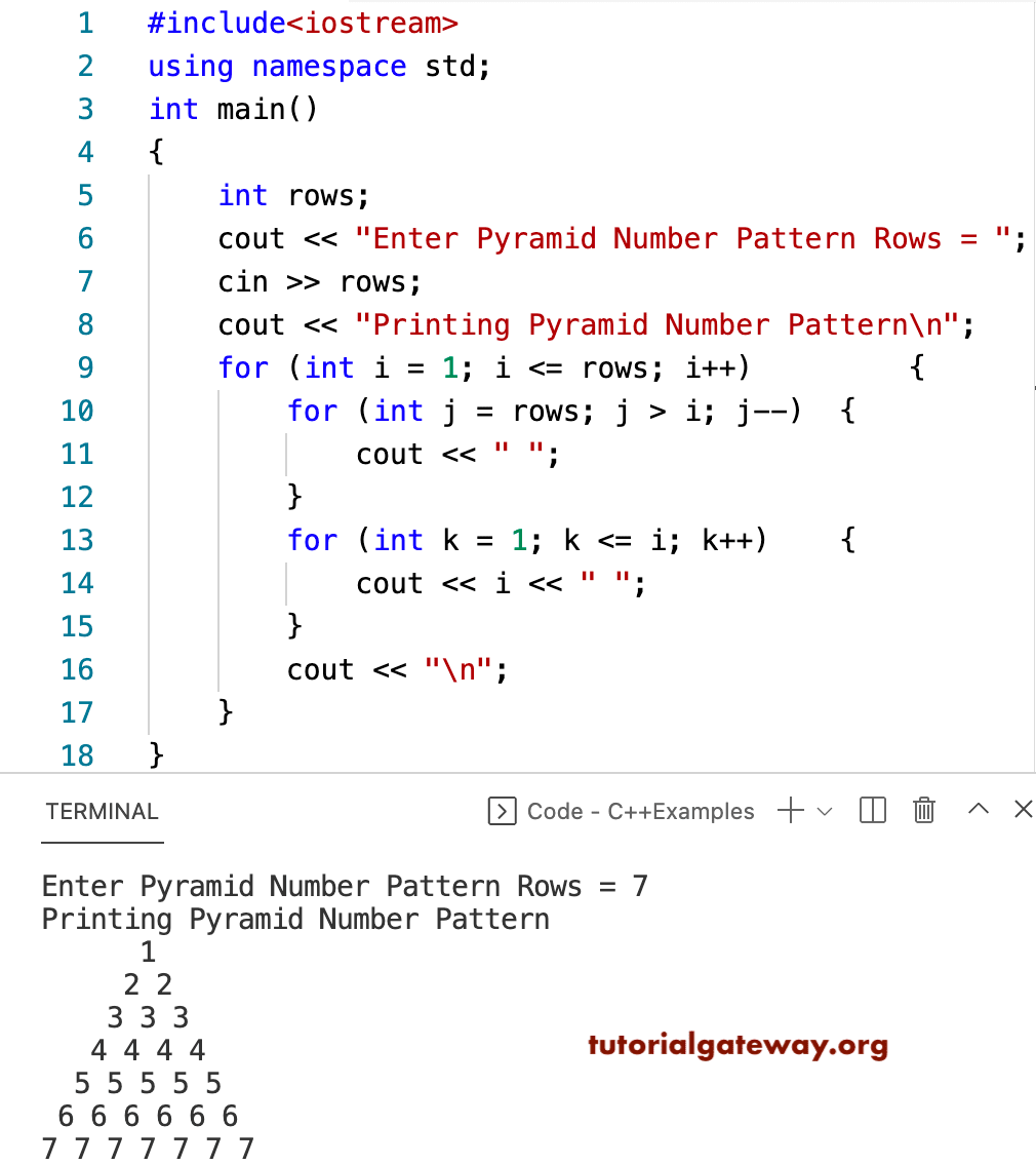C++ Program to Print Pyramid Numbers Pattern