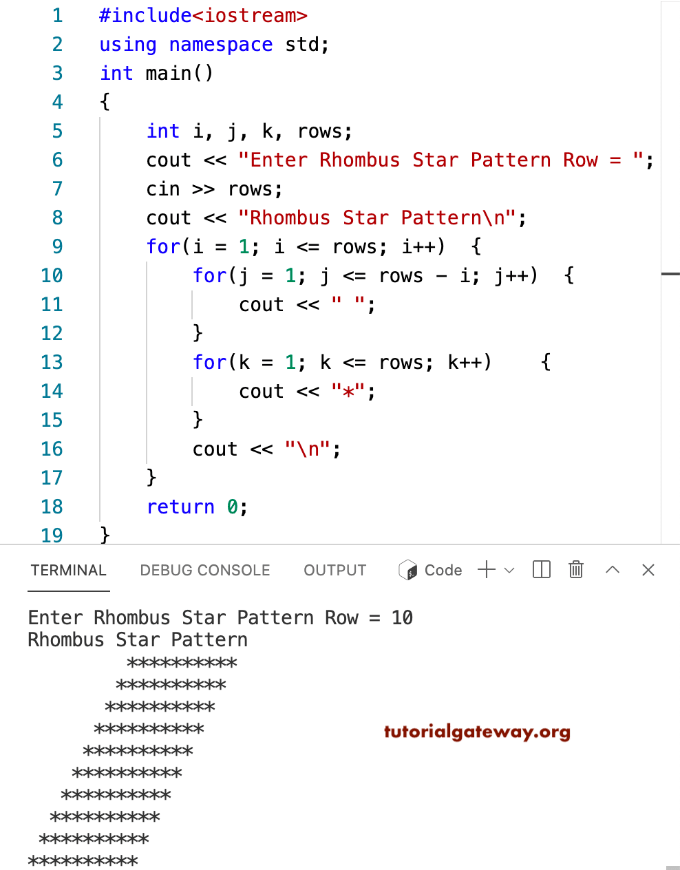 C++ Program to Print Rhombus Star Pattern