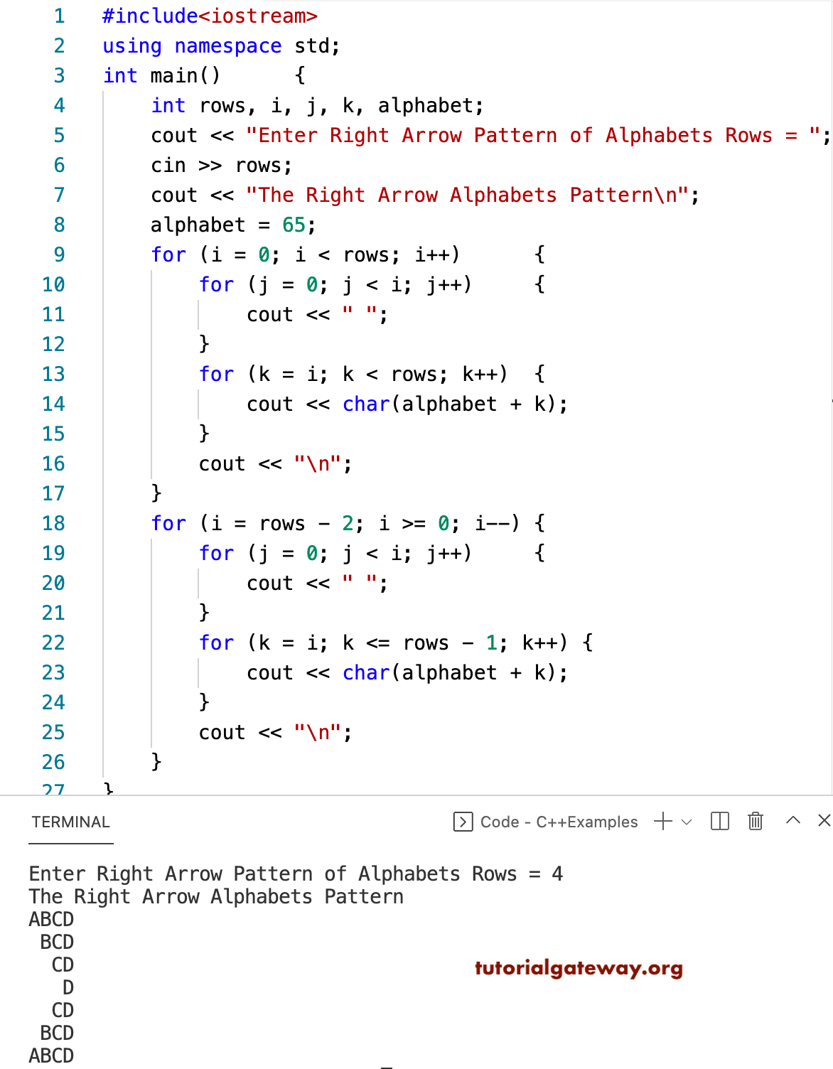 C++ Program to Print Right Arrow Alphabets Pattern