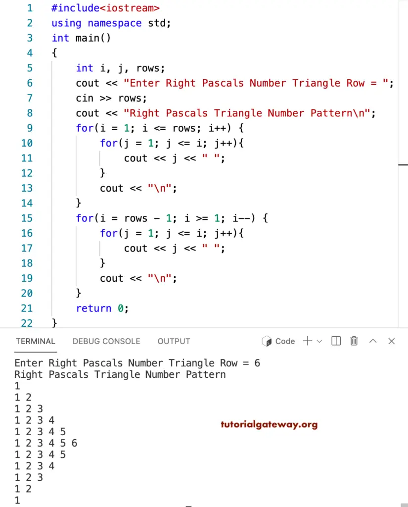 CPP Program to Print Right Pascals Number Triangle
