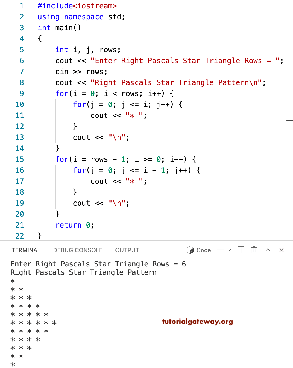 C++ Program to Print Right Pascals Star Triangle