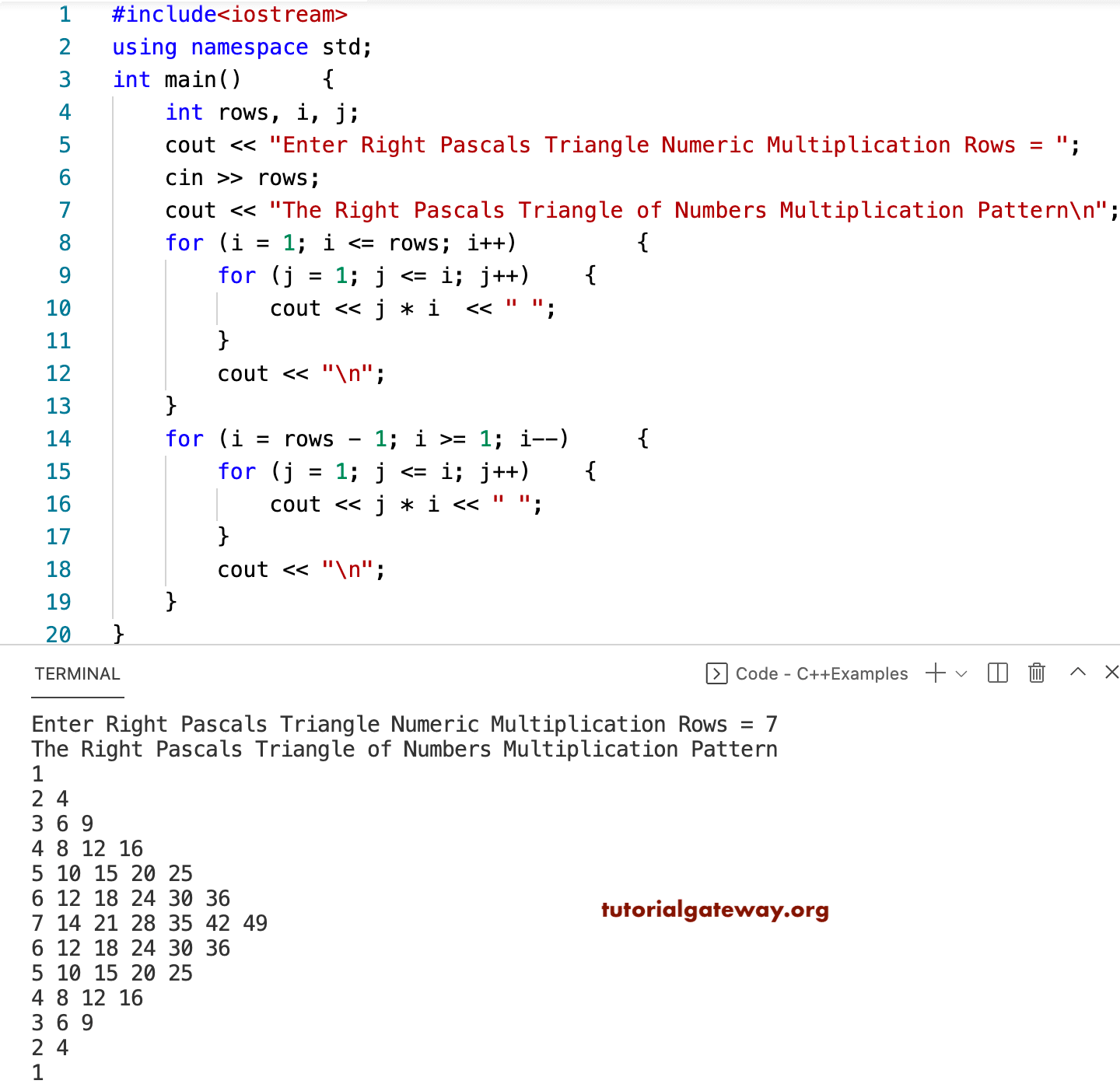 C++ Program to Print Right Pascals Triangle of Multiplication Numbers Pattern