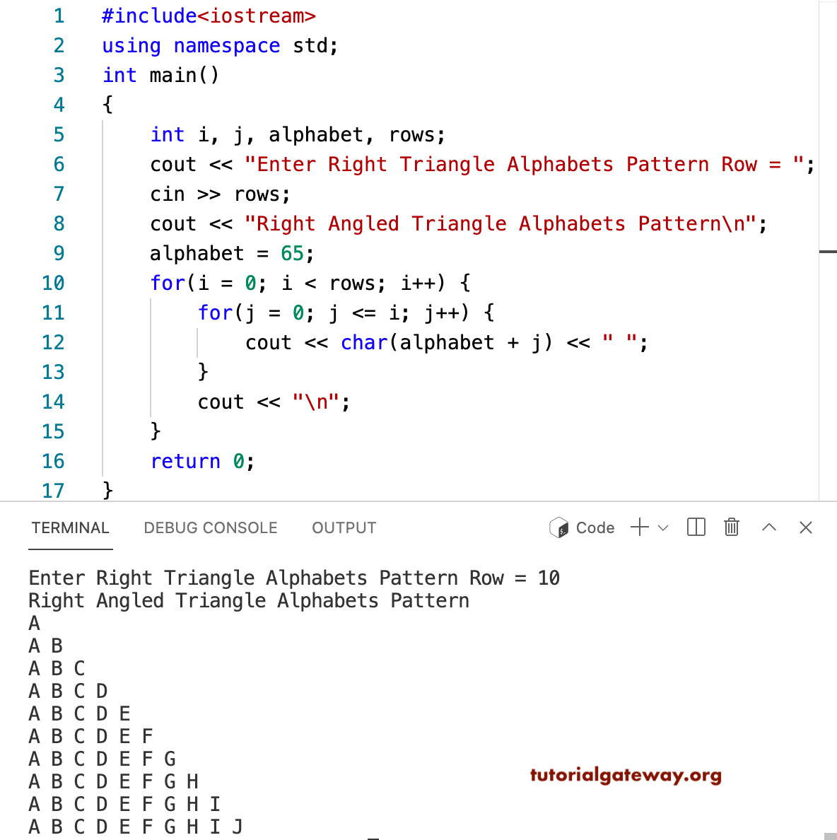 C++ Program to Print Right Triangle Alphabets Pattern