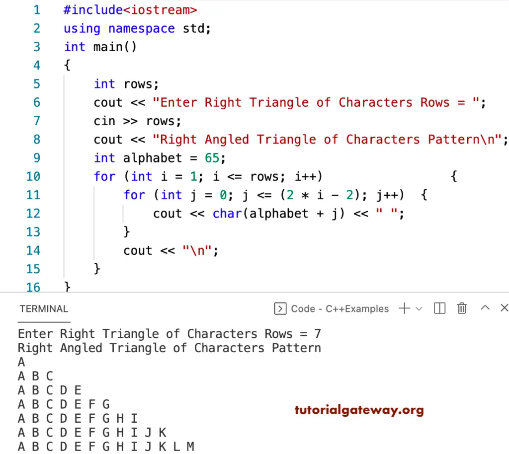 C++ Program to Print Right Triangle Character Pattern