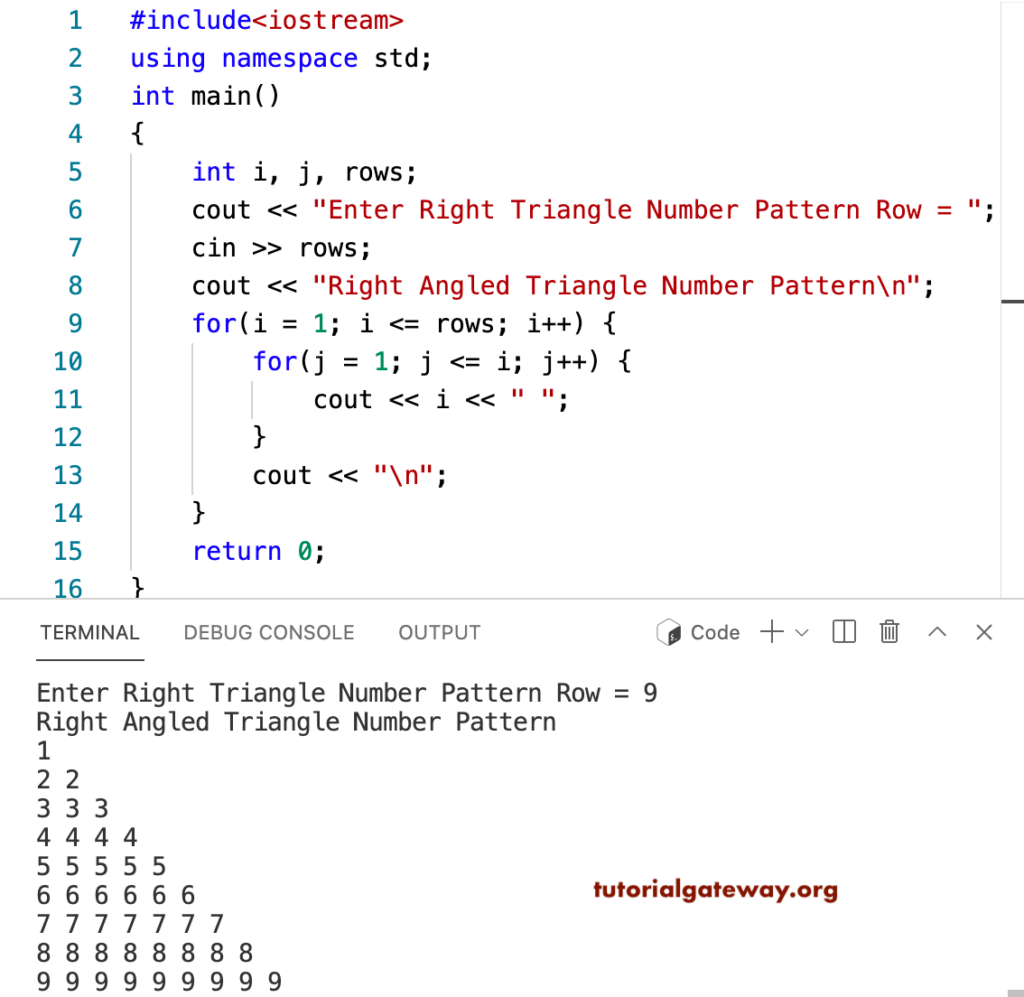 C++ Program to Print Right Triangle Number Pattern