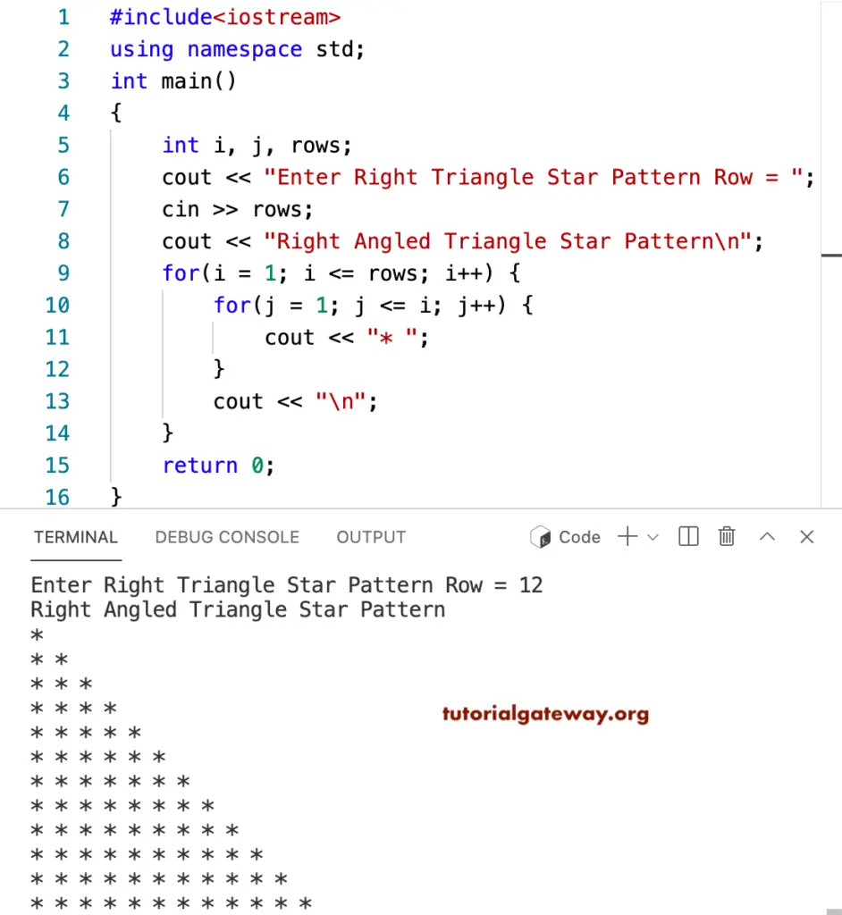 C++ Program to Print Right Triangle Star Pattern