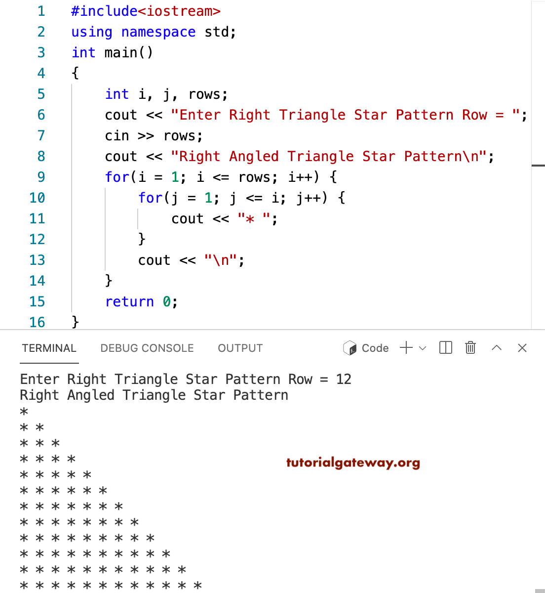 C++ Program to Print Right Triangle Star Pattern