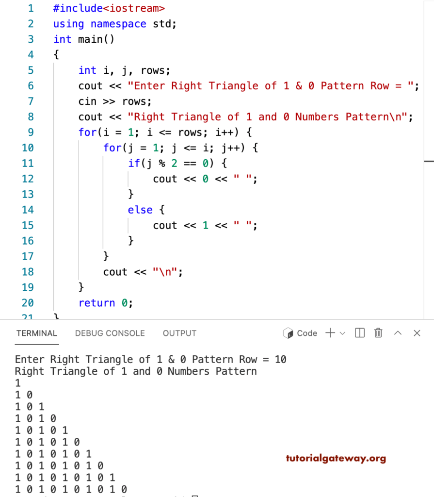 C++ Program to Print Right Triangle of 1 and 0