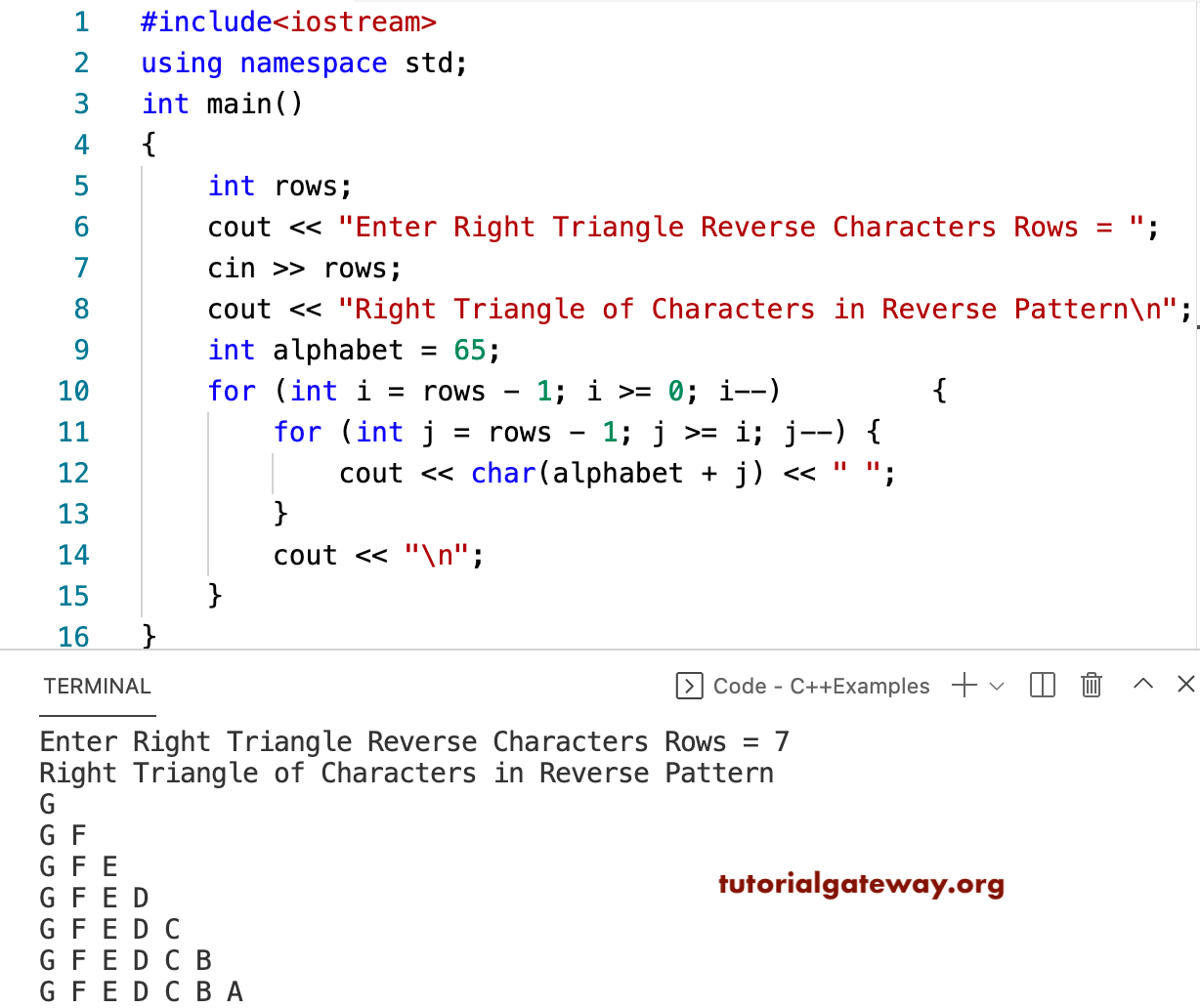 C++ Program to Print Right Triangle of Alphabets in Reverse Pattern
