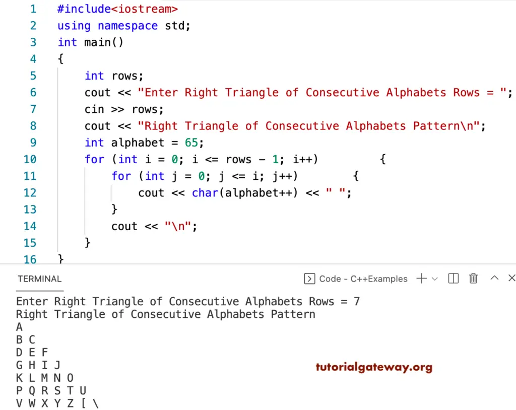 C++ Program to Print Right Triangle of Consecutive Alphabets Pattern