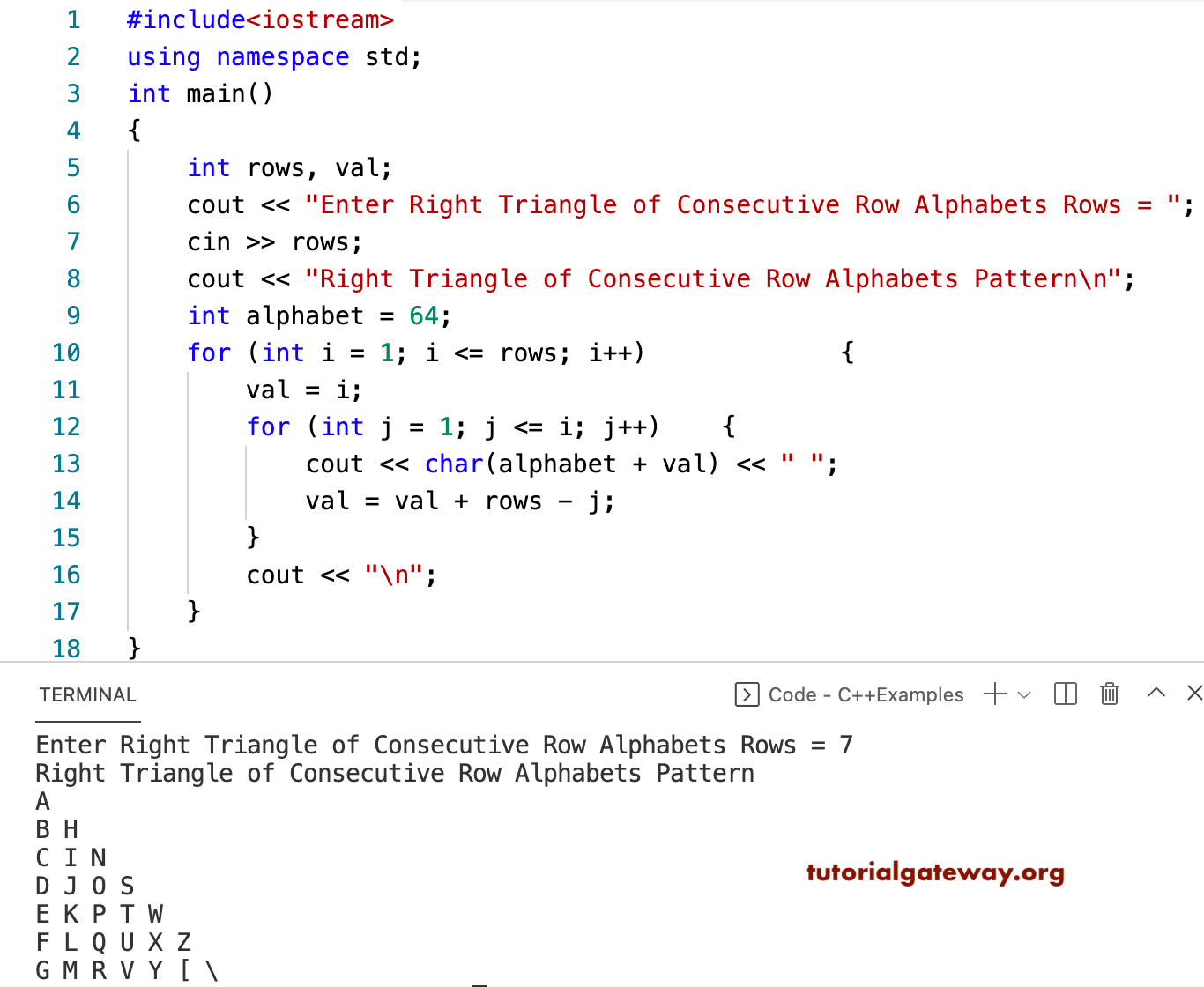 C++ Program to Print Right Triangle of Consecutive Row Alphabets Pattern