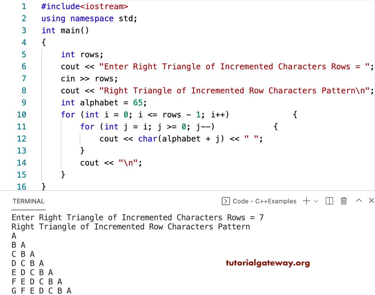 C++ Program to Print Right Triangle of Incremental Alphabets Pattern